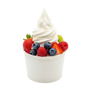 Soft-serve frozen yogurt swirl topped with fresh berries and mint