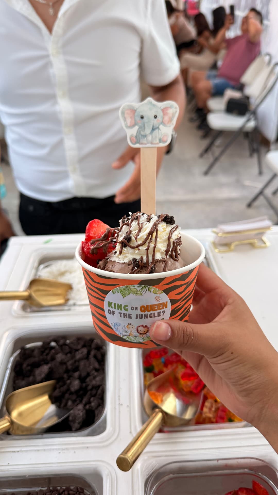 Custom jungle-themed ice cream sundae cup topped with whipped cream, strawberries and chocolate drizzle