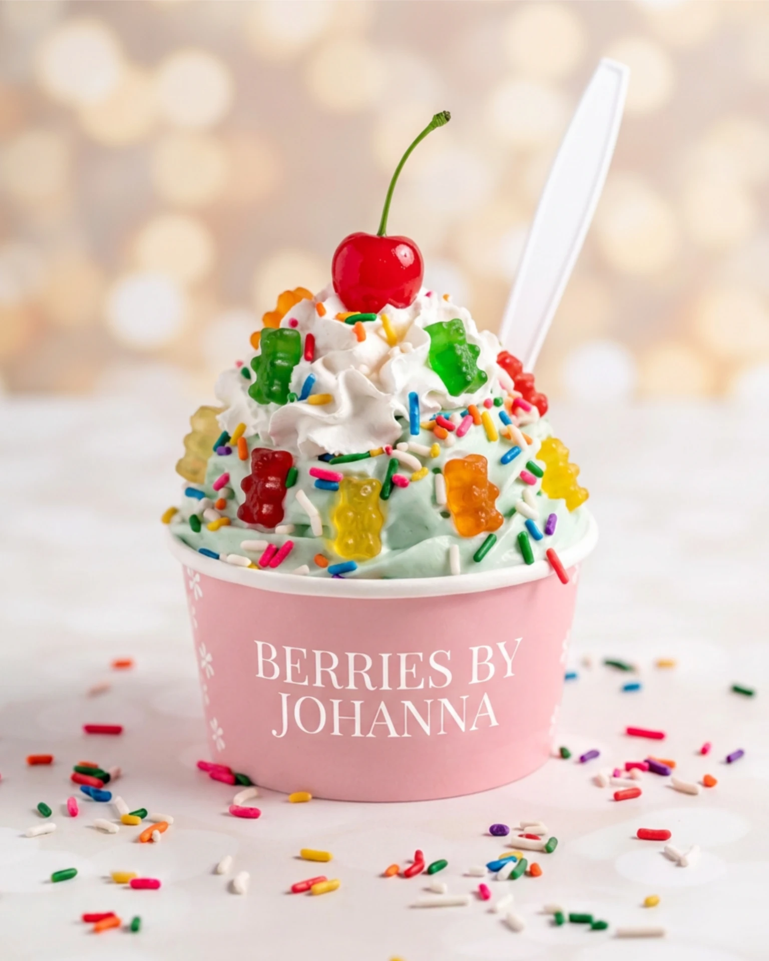 Branded Berries by Johanna cup with ice cream, sprinkles, gummy bears and a cherry