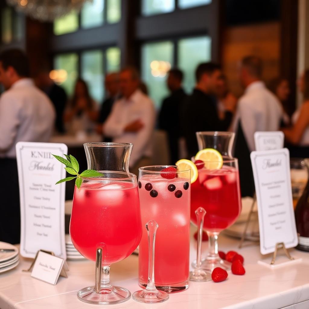 Beverage station setup with drinks and glassware
