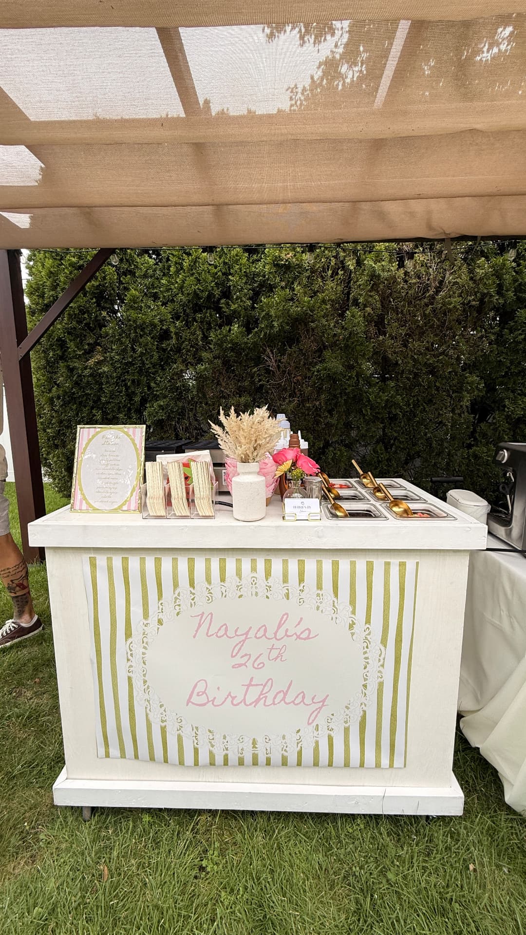 Elegant green-and-white striped dessert cart personalized for Nayali's 26th birthday